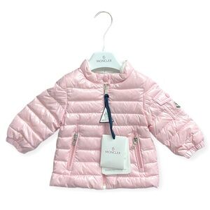 MONCLER Paulas Down Logo-Patch Sleeve Jacket, Pink Girl’s Size 6-9M New w/Tag